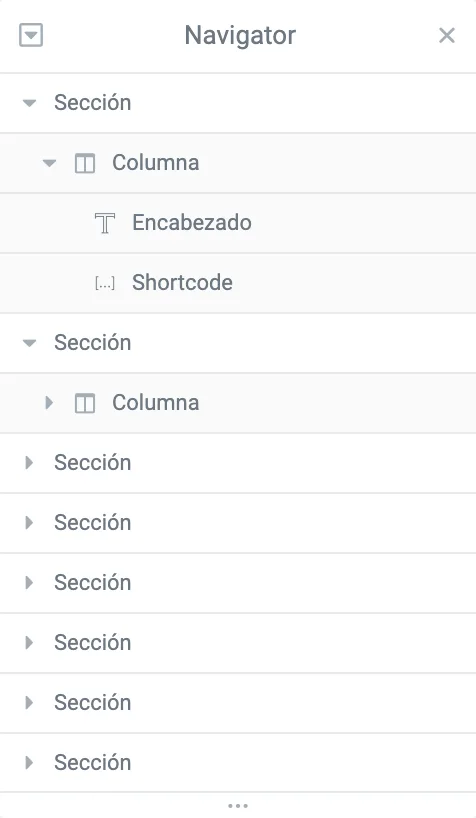 Navegador de secciones de Elementor