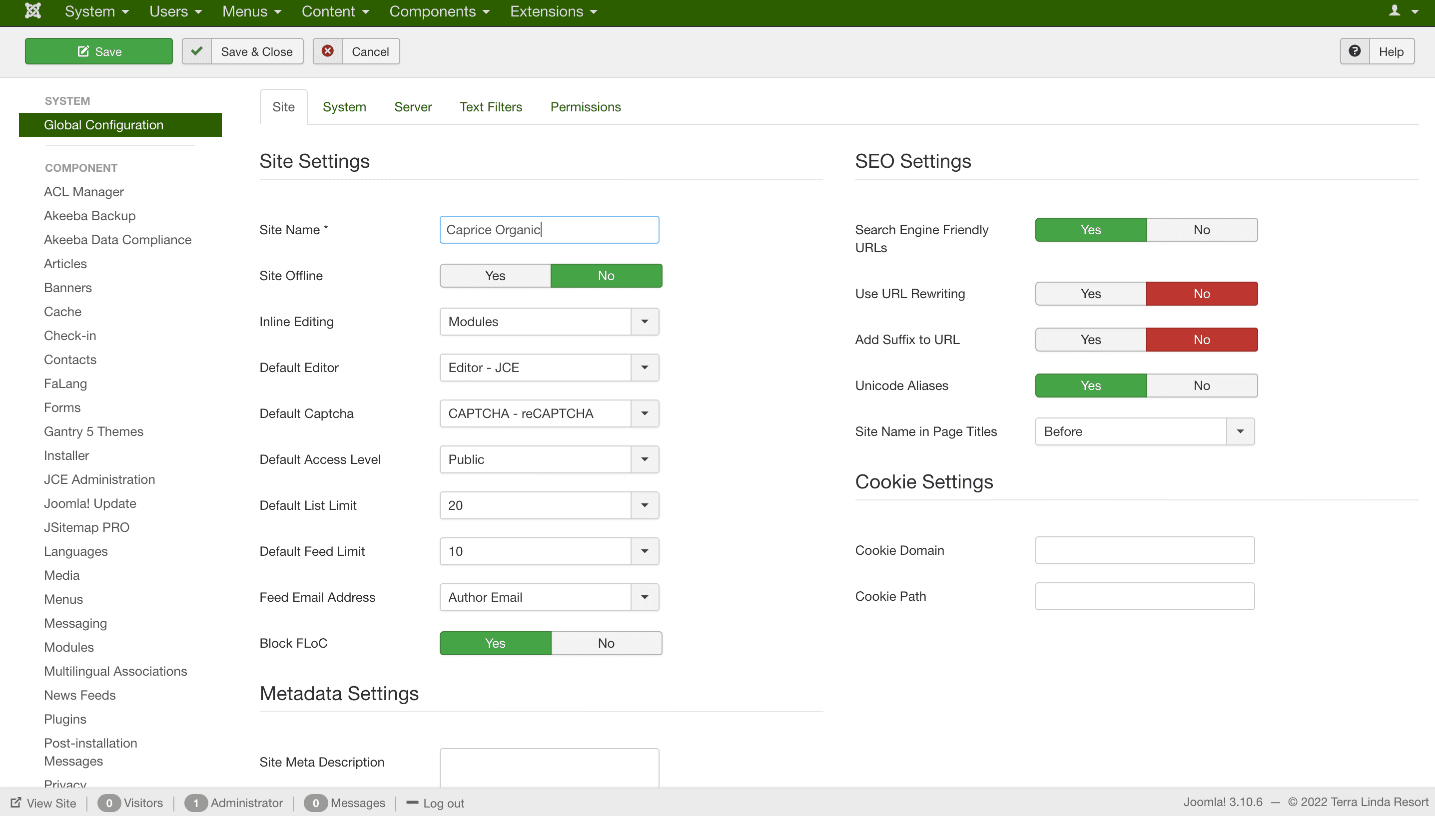Sitio de Caprice Organic sobre Joomla