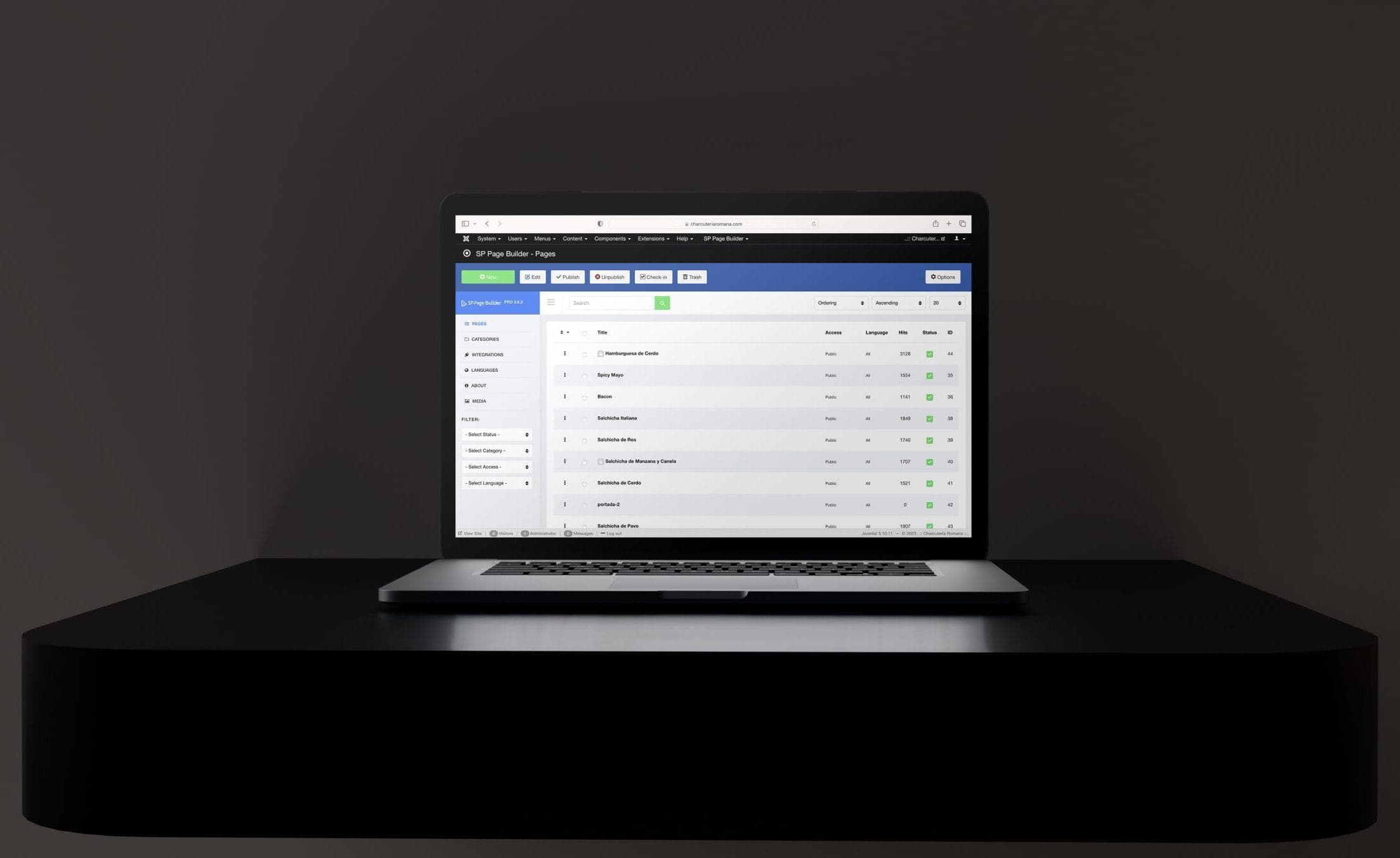SP Page Builder en el sitio de Charcutería Romana