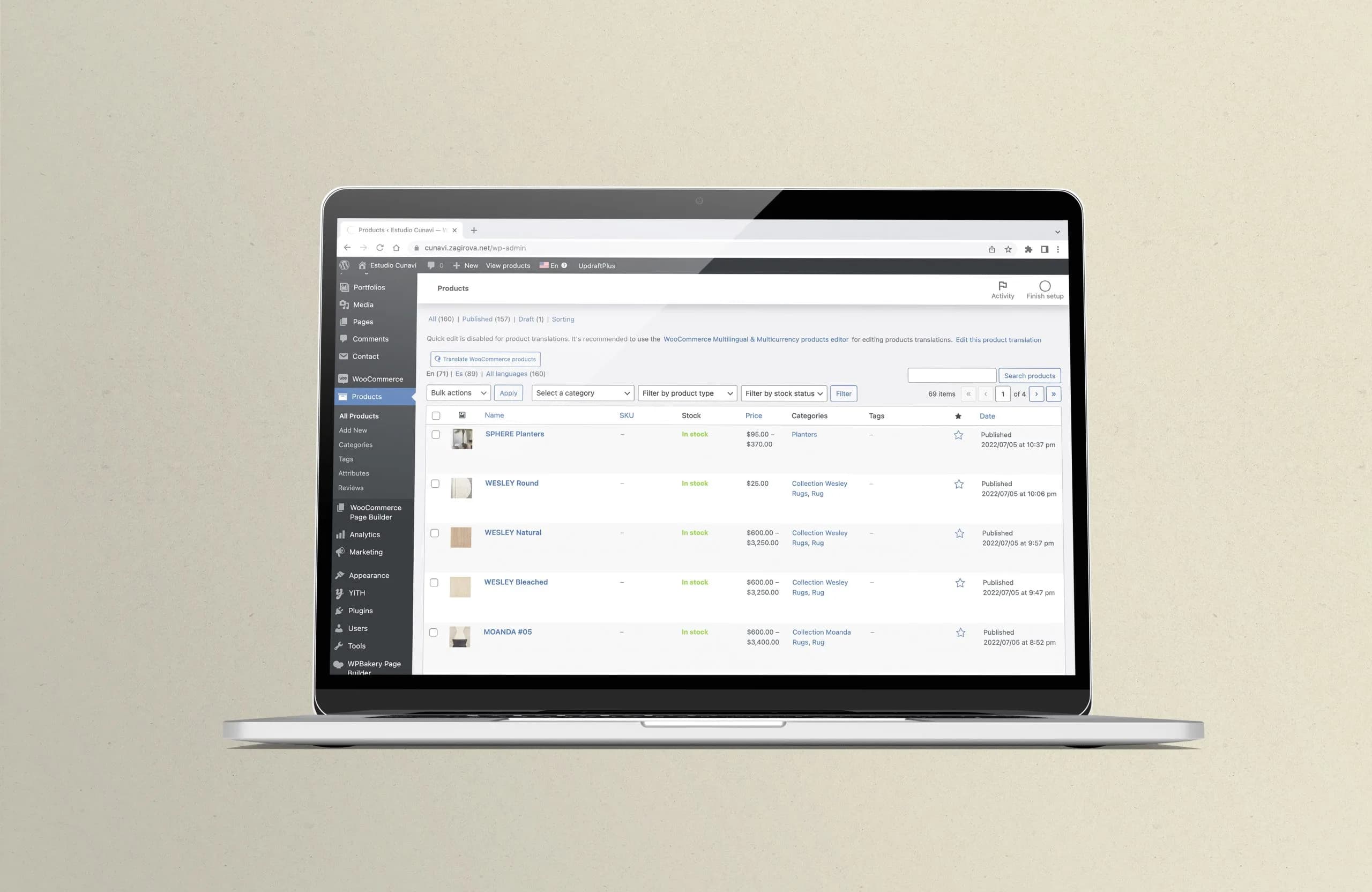 Panel de productos WooCommerce de Cunavi