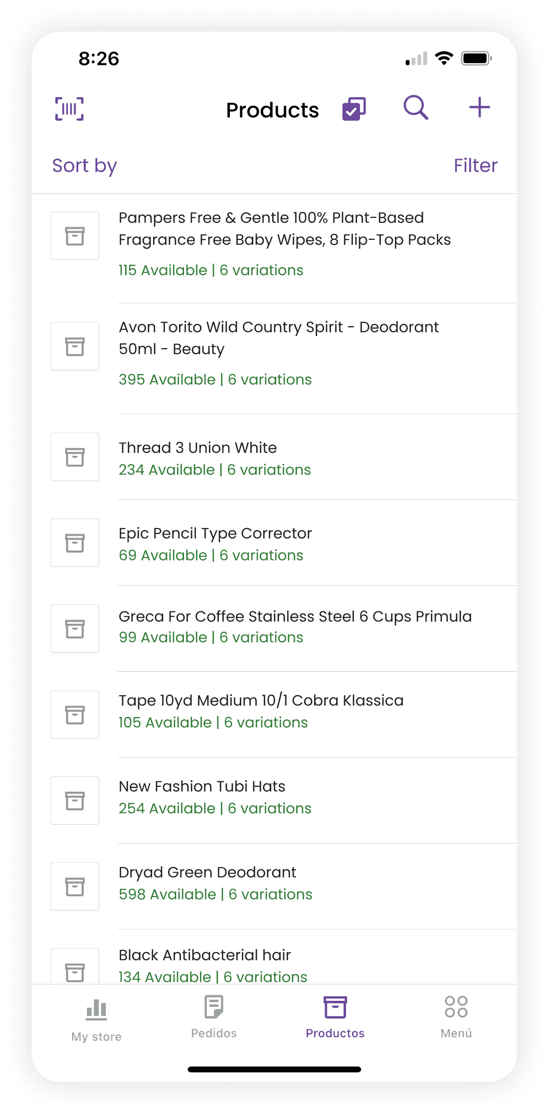 Listado de productos en la app