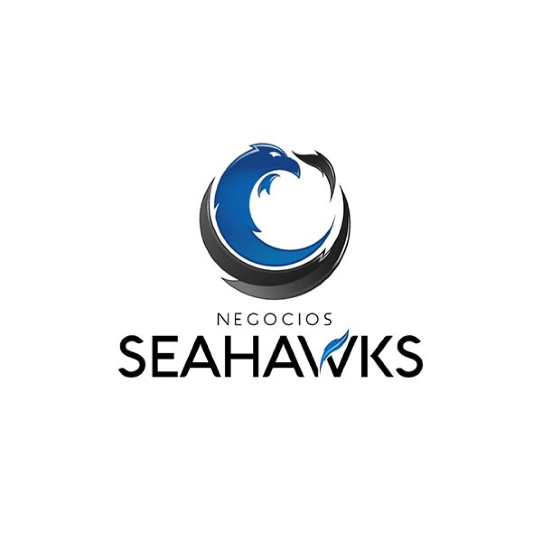 A logo with a blue and black bird